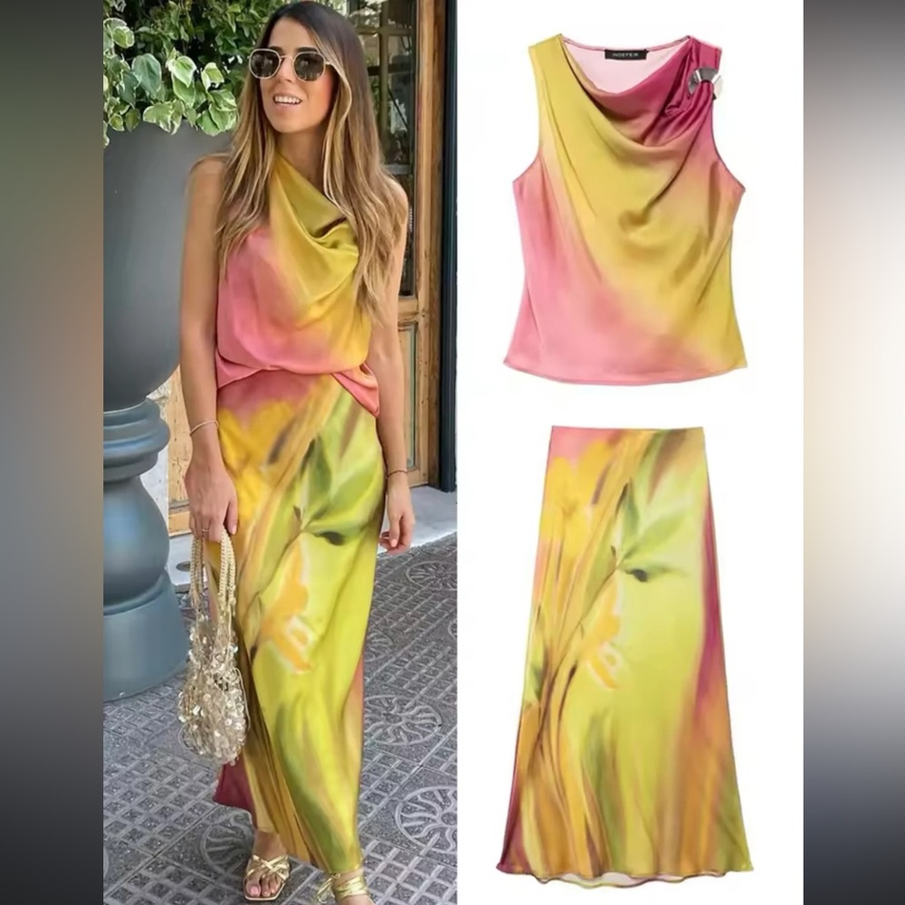 2-pc ZARA satin effect top and midi skirt co-ord set